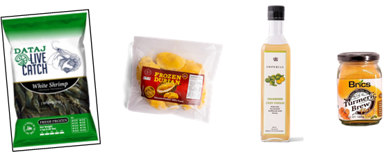 Some of the product offerings at this year's CAEXPO include (clockwise, from left): Frozen fresh white shrimp from Dataj Aquafarm, Inc., vacuum-packed frozen durian from Eng Seng Food Products, calamansi cider vinegar from Soyuz Foods International, Inc., and Turmeric Brew powder drink from Brics Ventures.